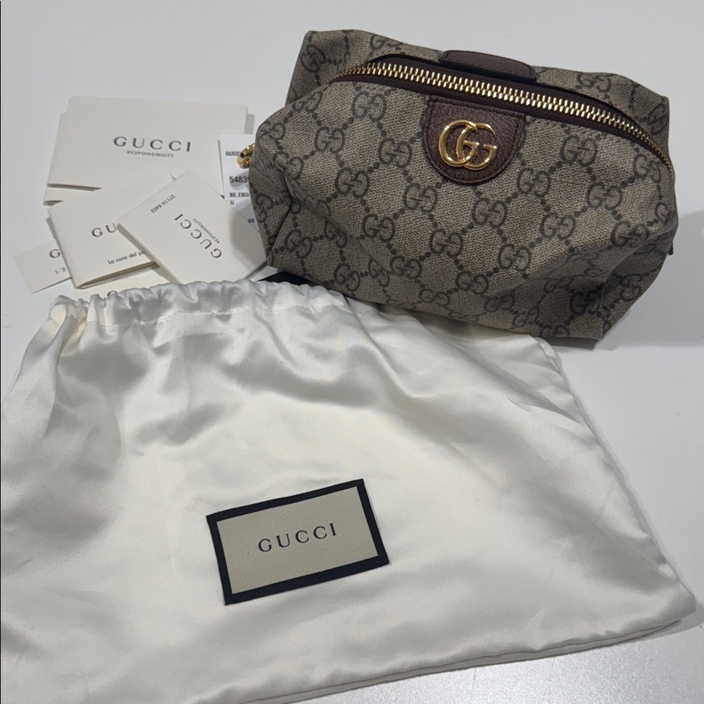 Cosmetic Bag Gucci Ophidia GG Supreme Brown Coated Canvas Large Gold NEW - Picture 2 of 12